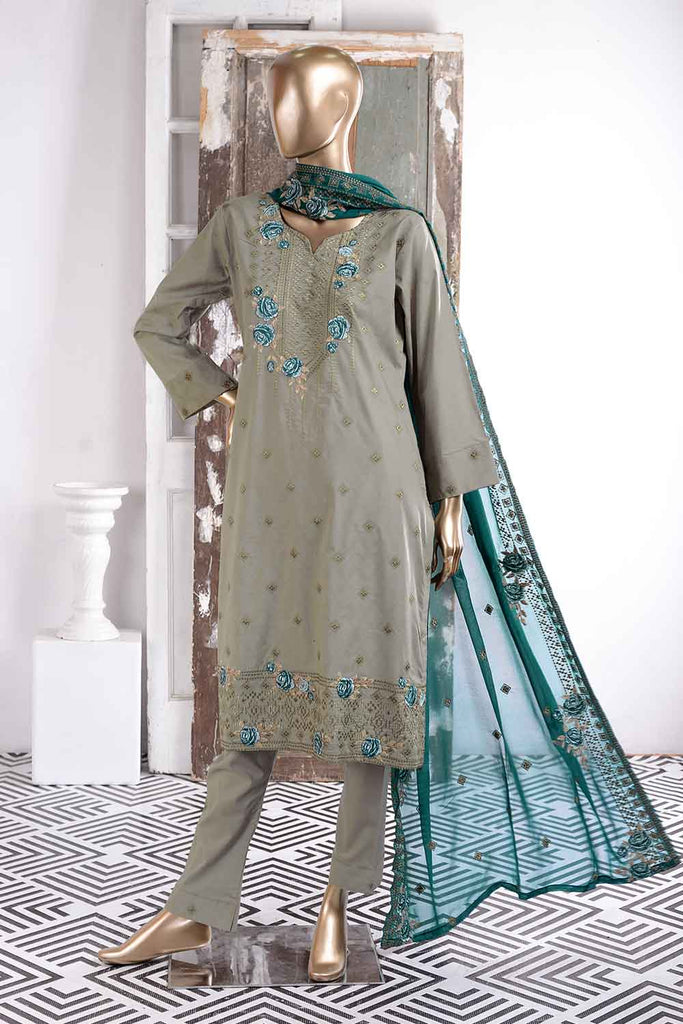 Cusion Print (SC-44A-Grey) Embroidered Cambric Dress with Embroidered Chiffon Dupatta