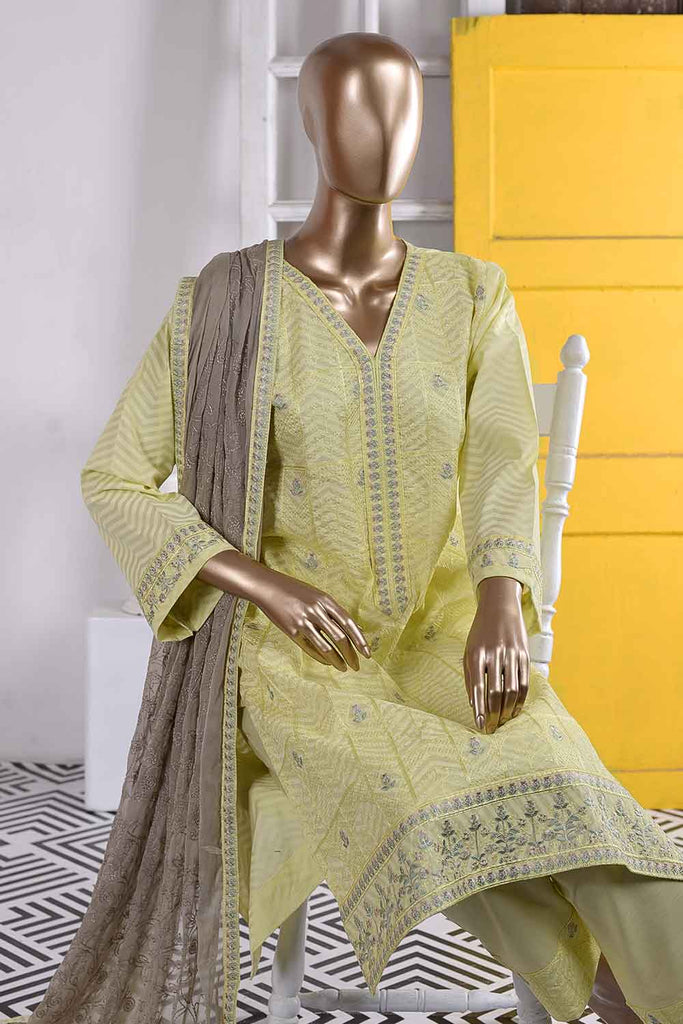 Soneri (SC-50A-Light Yellow) Embroidered Cambric Dress with Embroidered Chiffon Dupatta
