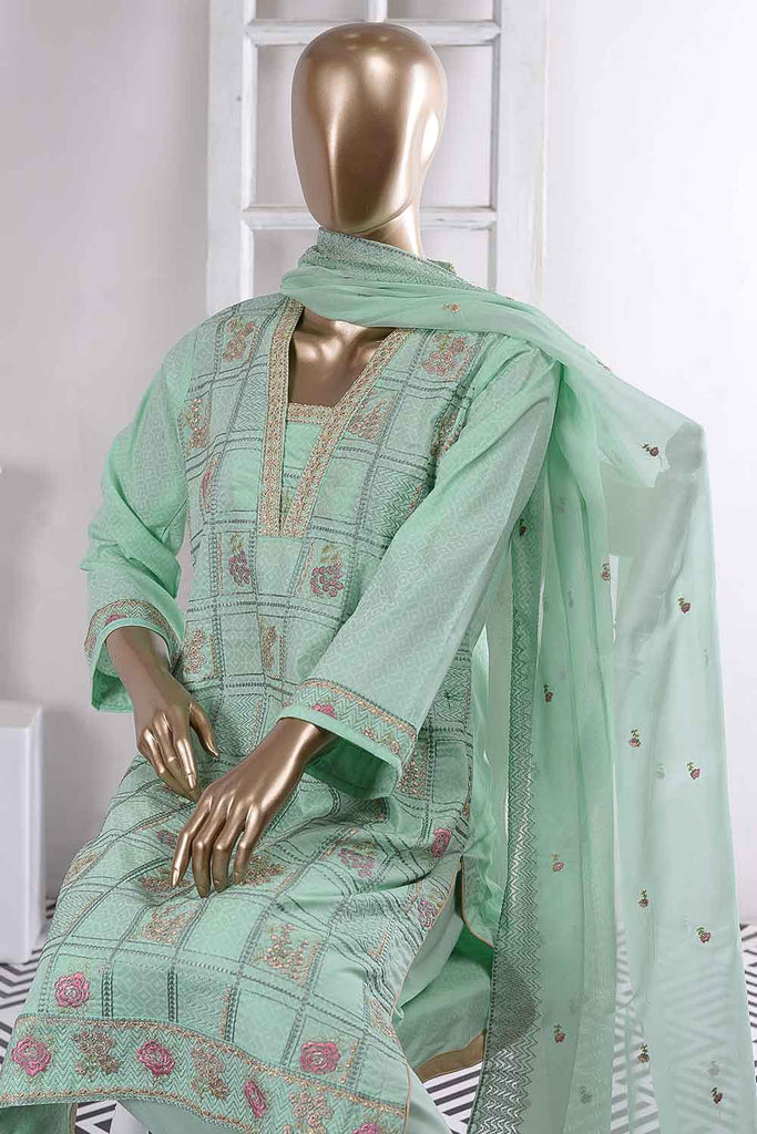 Turtle Square (SC-53B-Pista) Embroidered Cambric Dress with Embroidered Chiffon Dupatta