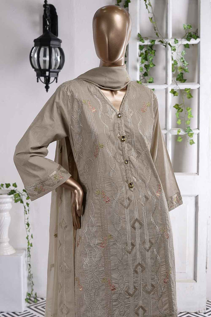 Garlic Stripes (SC-64A-Fawn) Embroidered Cambric Dress with Embroidered Chiffon Dupatta