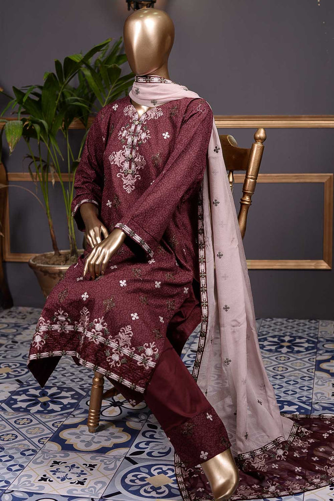 Burn Out (SC-65B-Maroon) Embroidered Cambric Dress with Embroidered Chiffon Dupatta