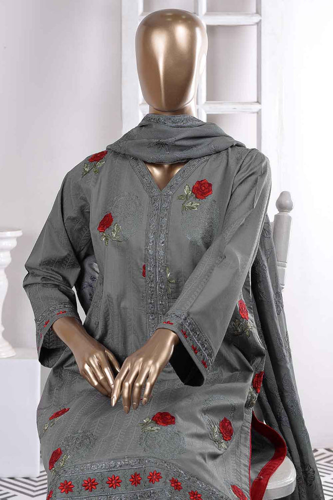 Red Carpet (SC-66B-Grey) Embroidered Cambric Dress with Embroidered Chiffon Dupatta