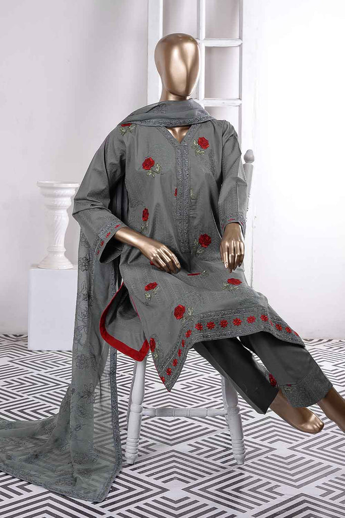 Red Carpet (SC-66B-Grey) Embroidered Cambric Dress with Embroidered Chiffon Dupatta