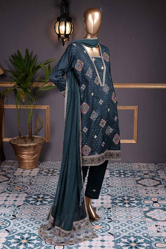 Burfi Sheesha (SC-68A-Blue) Embroidered Cambric Dress with Embroidered Chiffon Dupatta