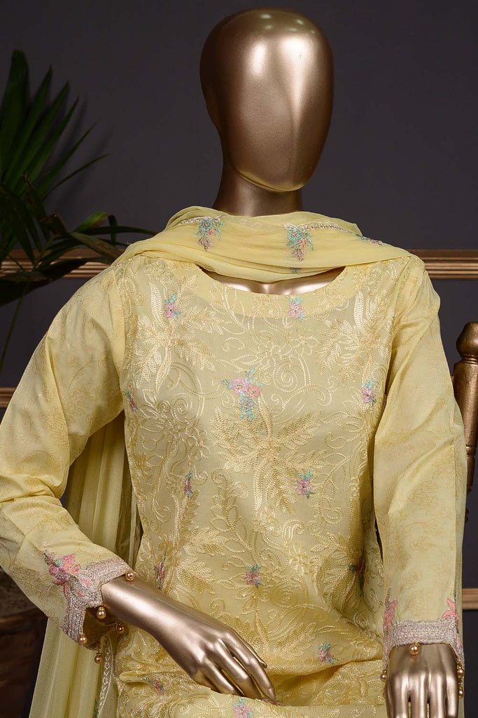 Coconut Delight (SC-72B-Yellow) Embroidered Cambric Dress with Embroidered Chiffon Dupatta