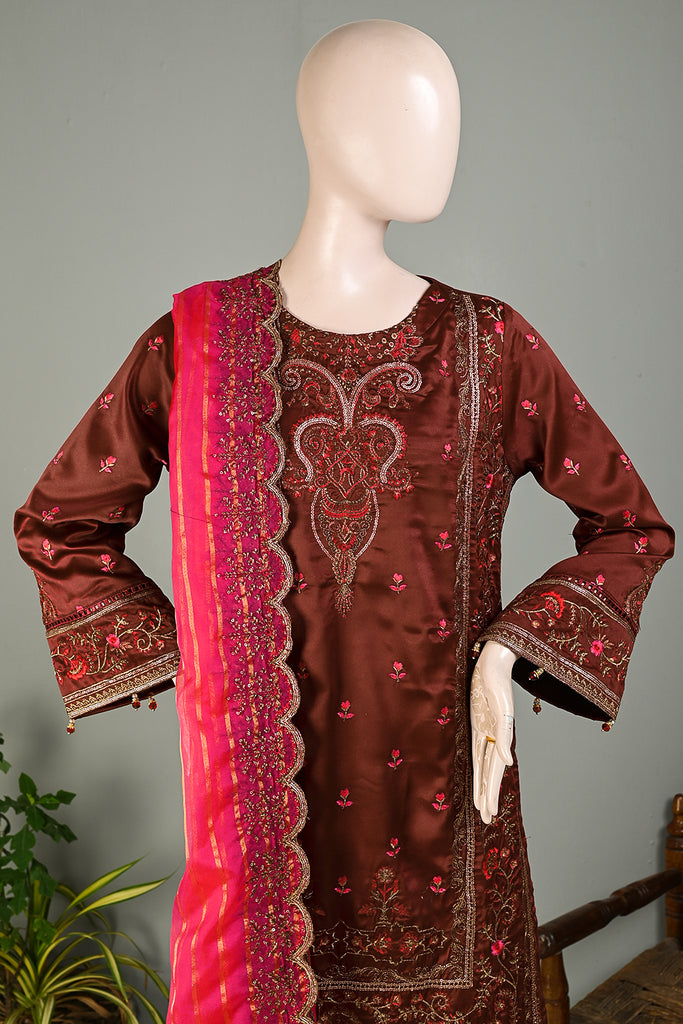 SSE-03B-Maroon - Muskaan | 3Pc Silk Embroidered & Printed Dress