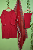 Sabrina (SC-179B-Red) Embroidered & Printed Un-Stitched Cotton Dress With Embroidered Chiffon Dupatta