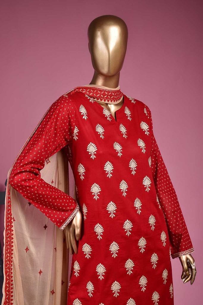 Sequins Drop (SC-136A-Red) Embroidered & Printed Un-Stitched Cambric Dress With Embroidered Chiffon Dupatta