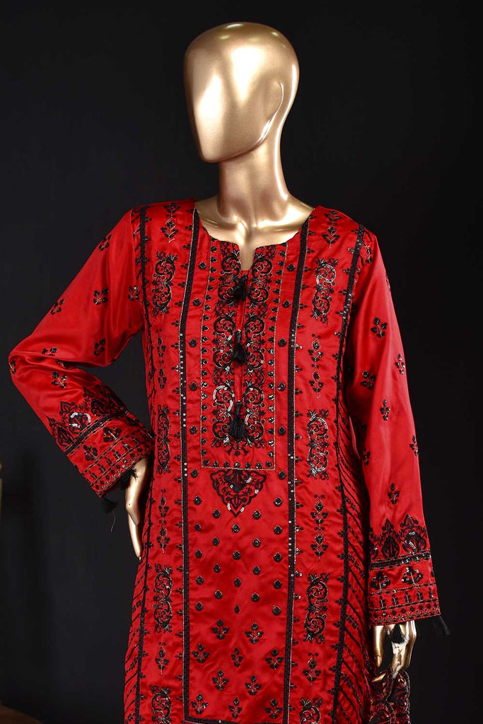 Silky Spider (SSE-01-Red) - 3Pc Unstitched Silk Embroidered Shirt with Organza Mysoori Cutwork Embroidered Dupatta and Silk Trouser
