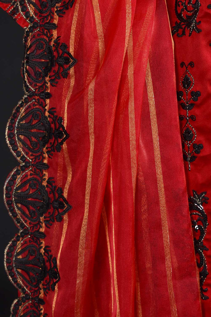 Silky Spider (SSE-01-Red) - 3Pc Unstitched Silk Embroidered Shirt with Organza Mysoori Cutwork Embroidered Dupatta and Silk Trouser