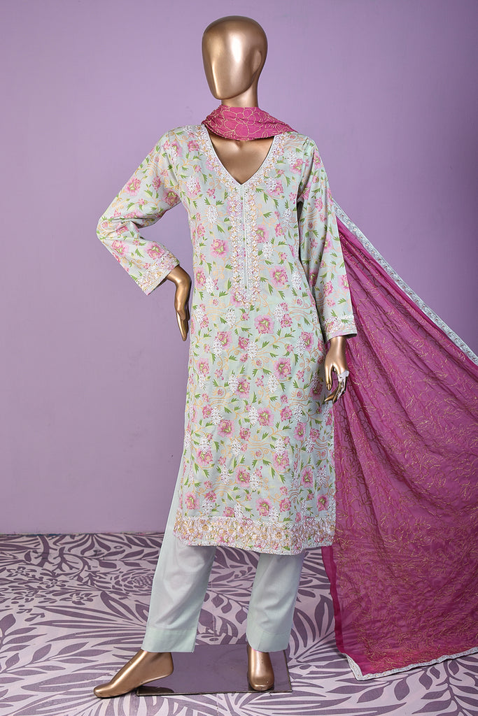 Sona Chandi (SC-2M-Aqua) | Embroidered Un-Stitched Cambric Dress With Chiffon Dupatta