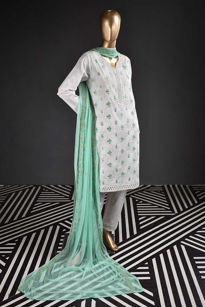 Sparkle (SC-5C-WhiteSeagreen) Embroidered & Printed Un-Stitched Cambric Dress With Printed Chiffon Banarsi Dupatta
