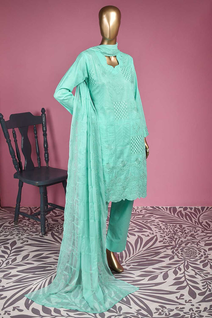 Sunshine (SC-135A-SkyBlue) Embroidered & Printed Un-Stitched Cambric Dress With Embroidered Chiffon Dupatta