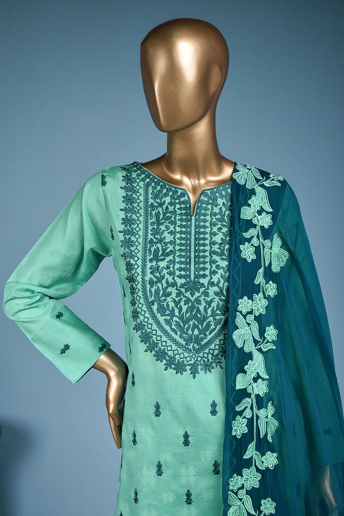Sweet Sparrow (SC-149A-SeaGreen) Embroidered & Printed Un-Stitched Cotton Dress With Embroidered Chiffon Dupatta