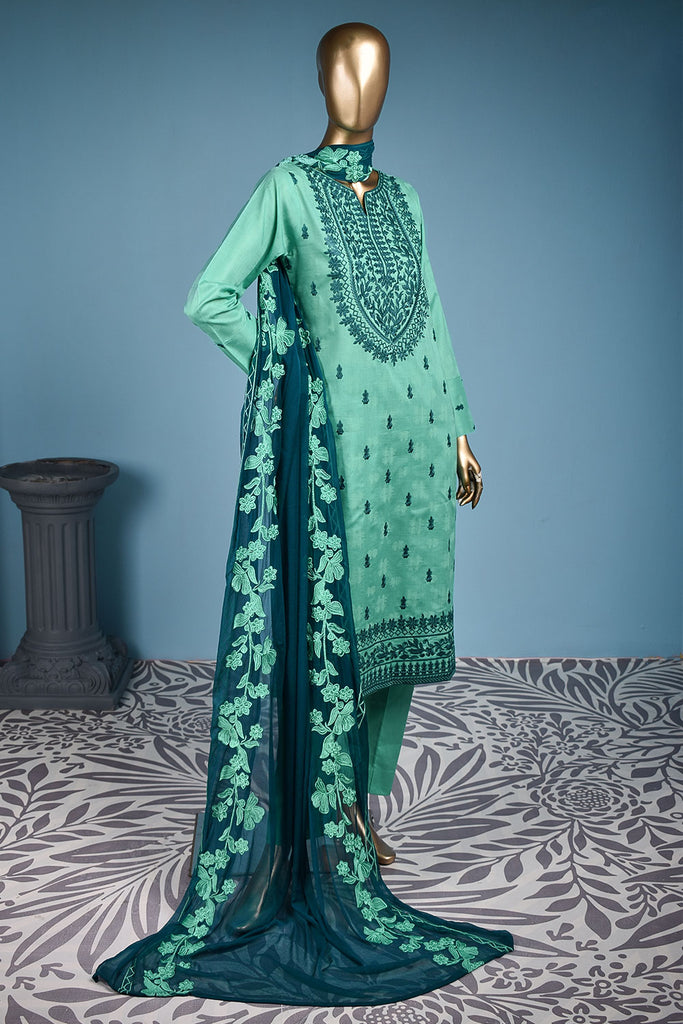 Sweet Sparrow (SC-149A-SeaGreen) Embroidered & Printed Un-Stitched Cotton Dress With Embroidered Chiffon Dupatta