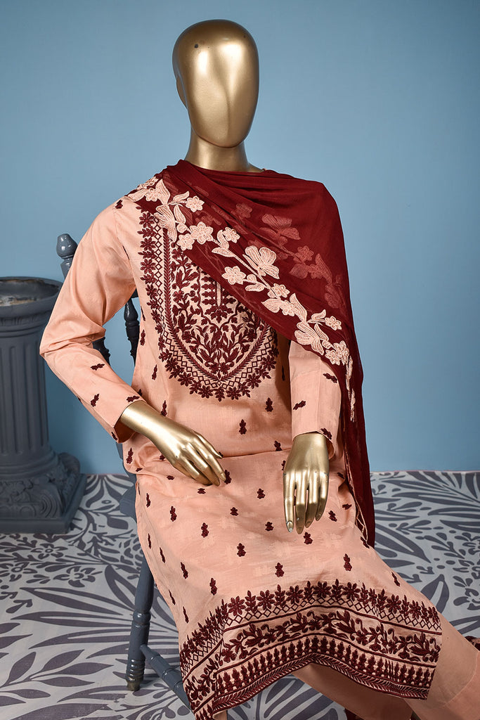 Sweet Sparrow (SC-149B-PeachyPink) Embroidered & Printed Un-Stitched Cotton Dress With Embroidered Chiffon Dupatta