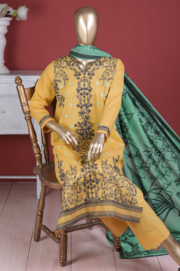 The-Iconic-(SC-192B-Light Mustard) - 3Pc Embroidered & Printed Un-Stitched Summer Fabirc Dress With Cotton Nylon Banarsi Dupatta