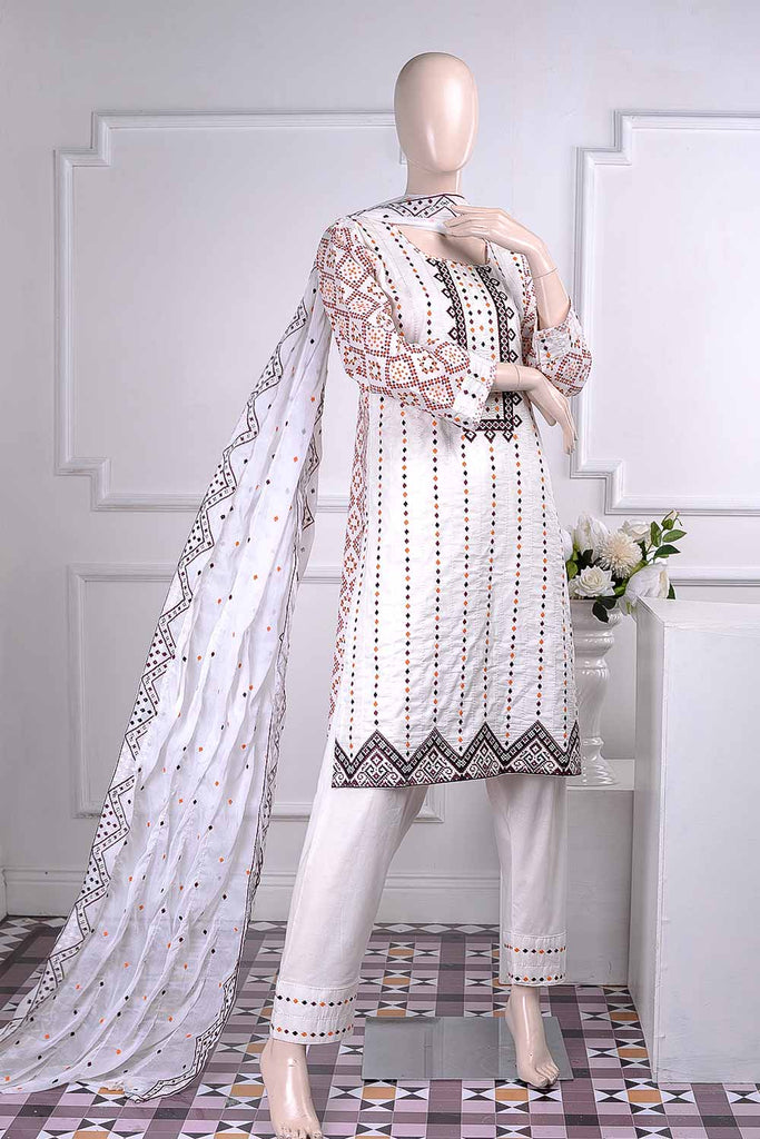Tradition (SC-20A-White) Embroidered Un-Stitched Cambric Dress With Embroidered Chiffon Dupatta