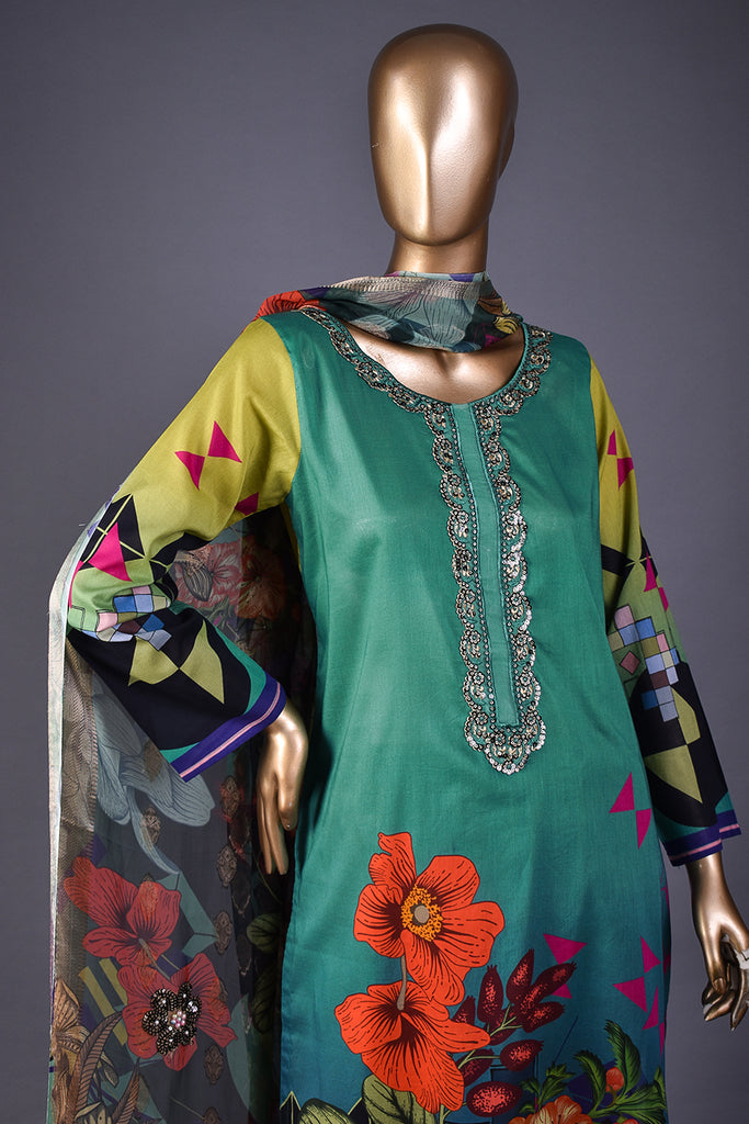 Traditional Epitome (NE2-05) - 3 Pc Unstitched Digital Embroidered Lawn Dress With Digital Bamber Chiffon Dupatta