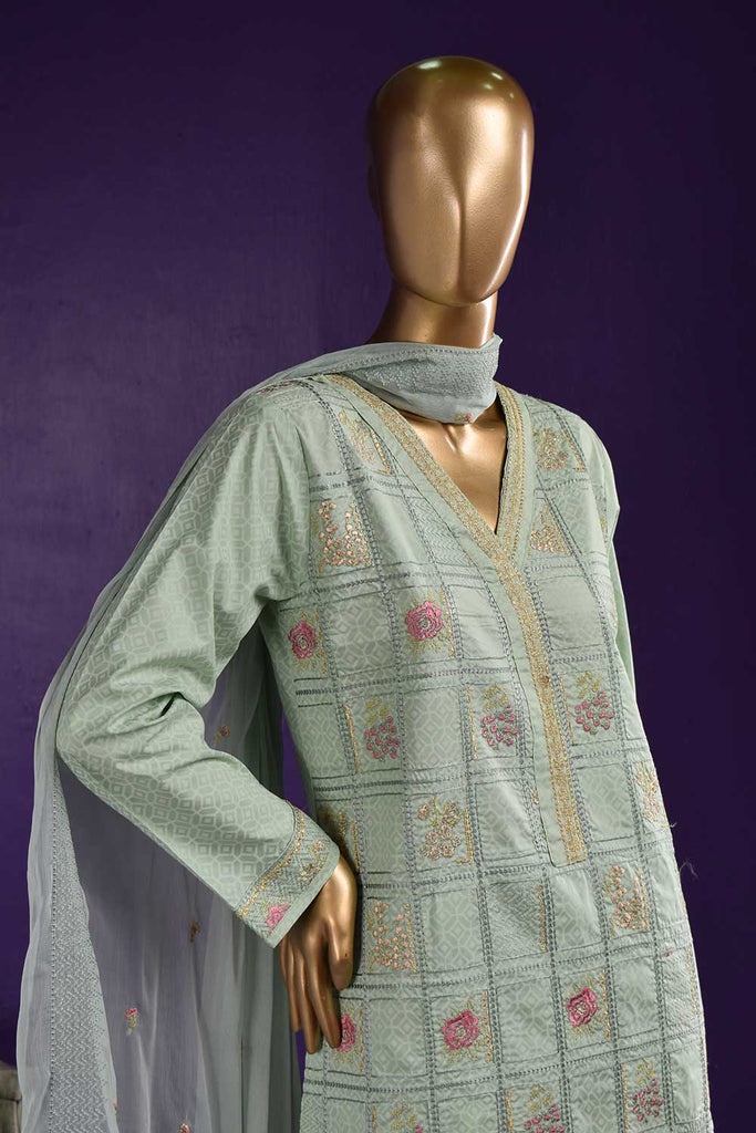 Turtle Square (SC-53C-LightGreen) Embroidered & Printed Un-Stitched Cambric Dress With Embroidered Chiffon Dupatta