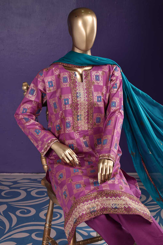 Vintage Boxes (SC-117B-Pink) Embroidered & Printed Un-Stitched Cambric Dress With Embroidered Chiffon Dupatta