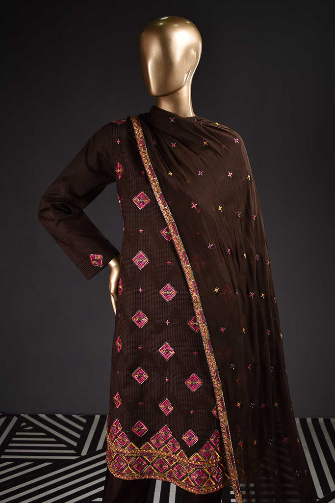 Vintage Era (SC-126A-Brown) Embroidered & Printed Un-Stitched Cambric Dress With Embroidered Chiffon Dupatta
