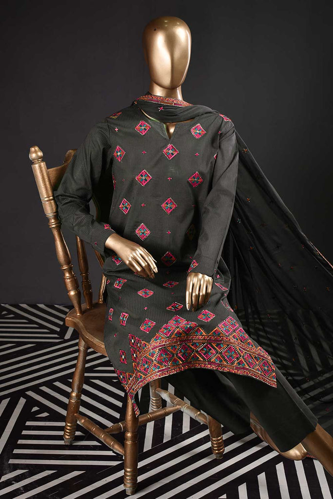 Vintage Era (SC-126B-Grey) Embroidered & Printed Un-Stitched Cambric Dress With Embroidered Chiffon Dupatta