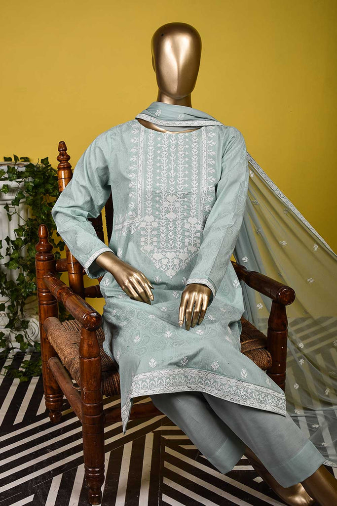 White House (SC-132B-SkyBlue) Embroidered & Printed Un-Stitched Cambric Dress With Embroidered Chiffon Dupatta