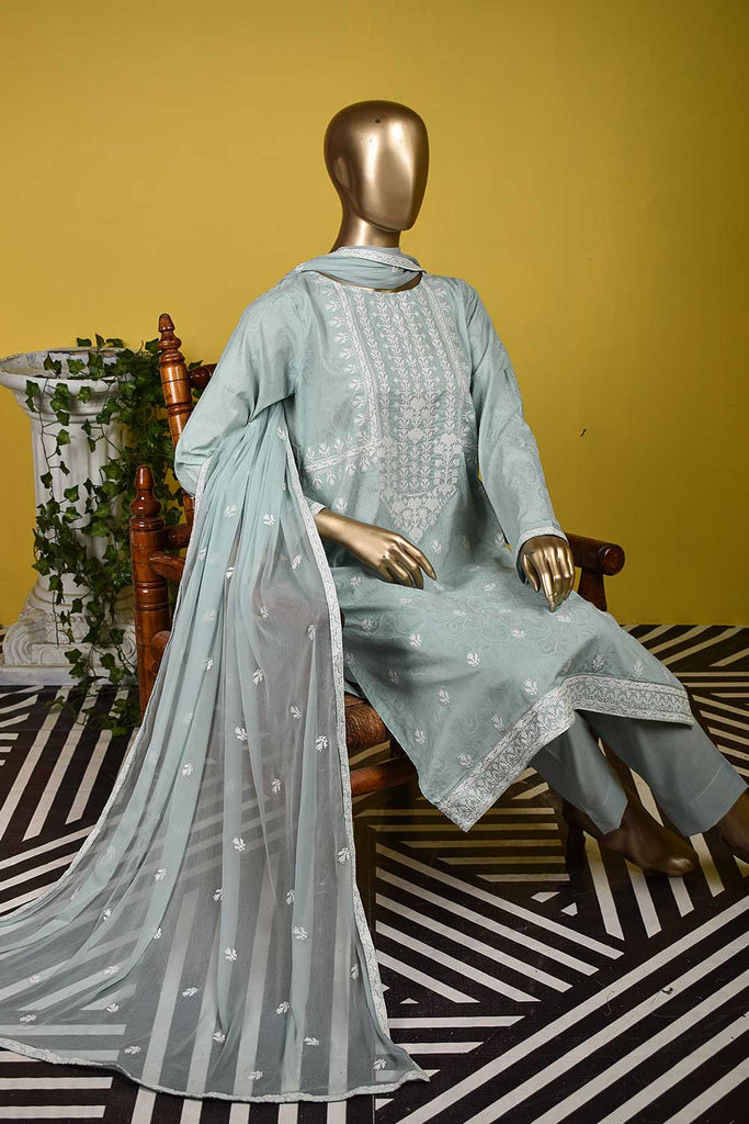 White House (SC-132B-SkyBlue) Embroidered & Printed Un-Stitched Cambric Dress With Embroidered Chiffon Dupatta