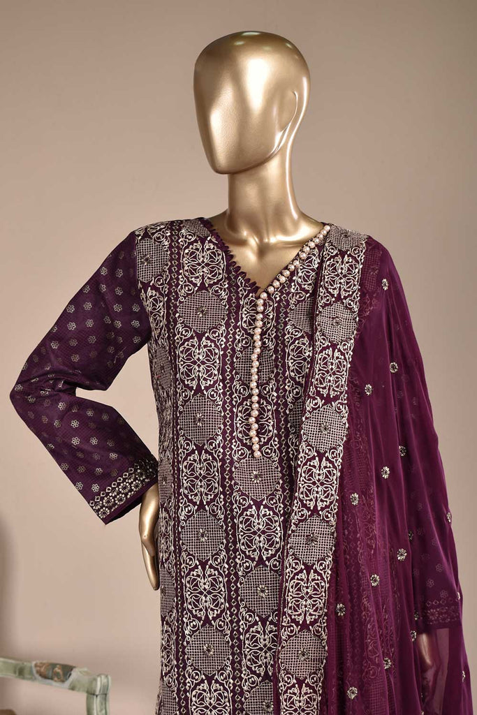Wood Craft (SC-113B-Purple) Embroidered & Printed Un-Stitched Cambric Dress With Embroidered Chiffon Dupatta
