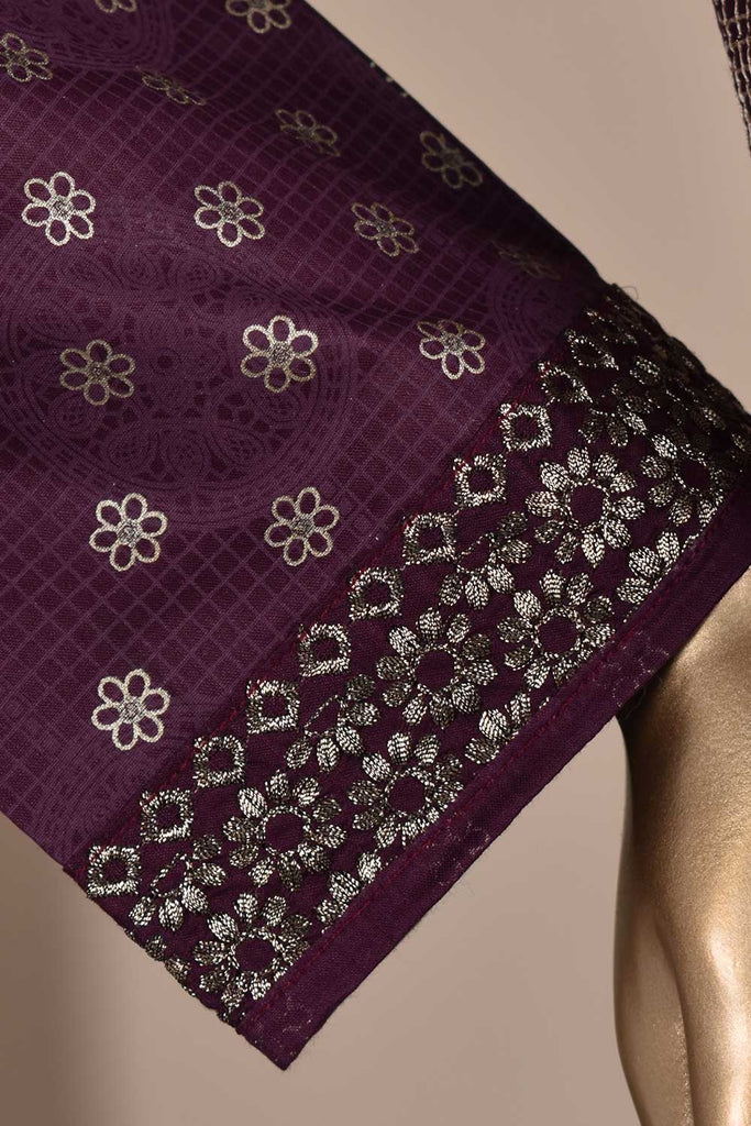 Wood Craft (SC-113B-Purple) Embroidered & Printed Un-Stitched Cambric Dress With Embroidered Chiffon Dupatta
