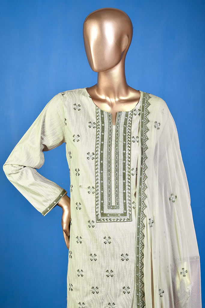 X Factor (SC-155A-GreenishGrey) Embroidered & Printed Un-Stitched Cotton Dress With Embroidered Chiffon Dupatta