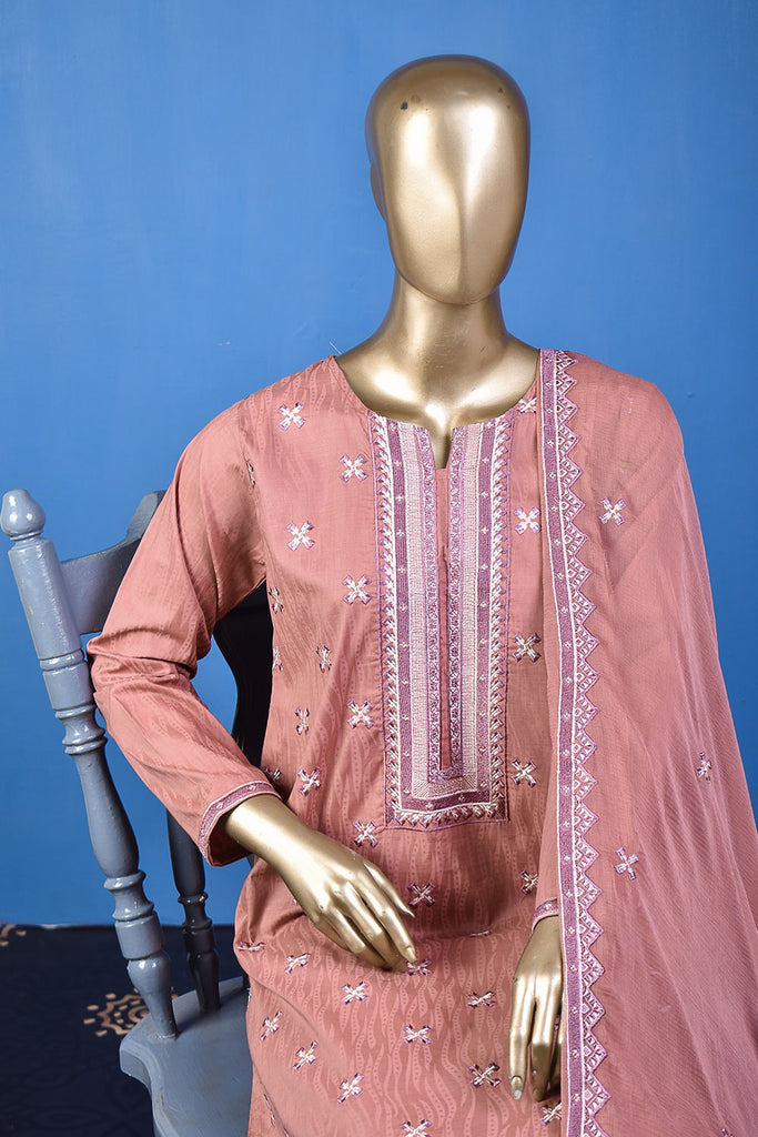 X Factor (SC-155B-Blush) Embroidered & Printed Un-Stitched Cotton Dress With Embroidered Chiffon Dupatta
