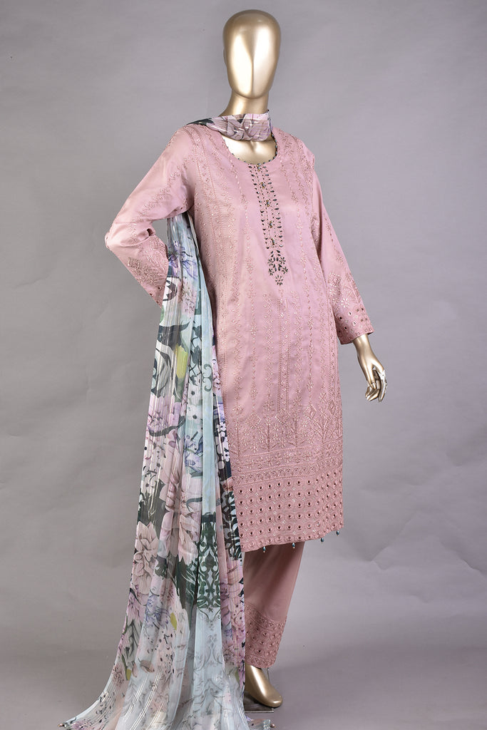 (ZLC-2A) 3 Pc Semi Stitched Chikankari Embroidered Stone Work Lawn Dress with Digital Printed Dupatta