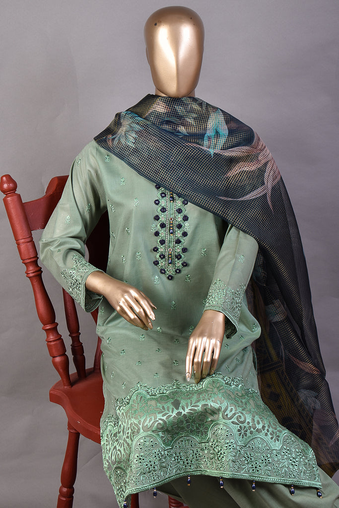 (ZLC-5B) 3 Pc Semi Stitched Chikankari Embroidered Stone Work Lawn Dress with Digital Printed Dupatta
