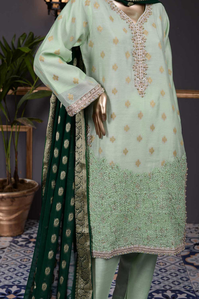 Earthly Tune (AF-1A) 3 Pc Unstitched Paper-Cotton Broshia Bunki Jacquard Embroidered Dress with Handicraft Cut-Dana work