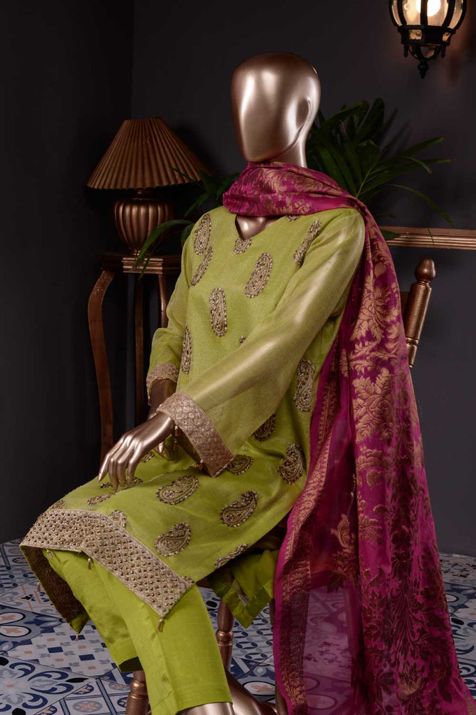 Mystic Pine (AF-2A) 3 Pc Unstitched Organza Embroidered Dress with Handicraft Cut-Dana work