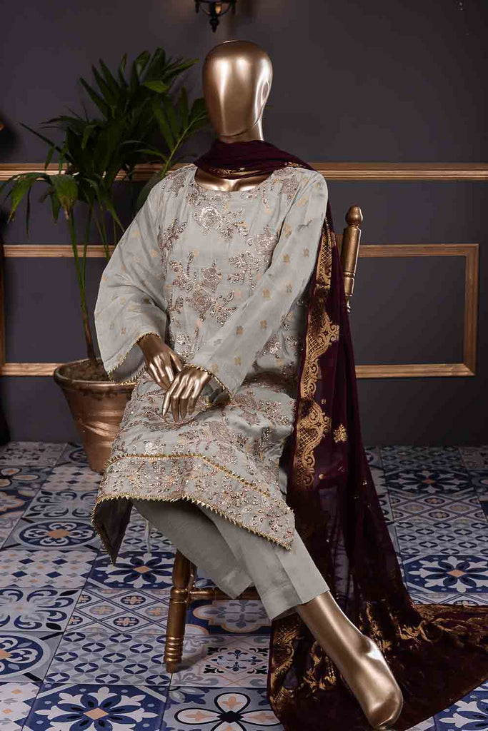 Basketweave (AF-3B) 3 Pc Unstitched Paper-Cotton Broshia Bunki Jacquard Embroidered Dress with Handicraft Cut-Dana work