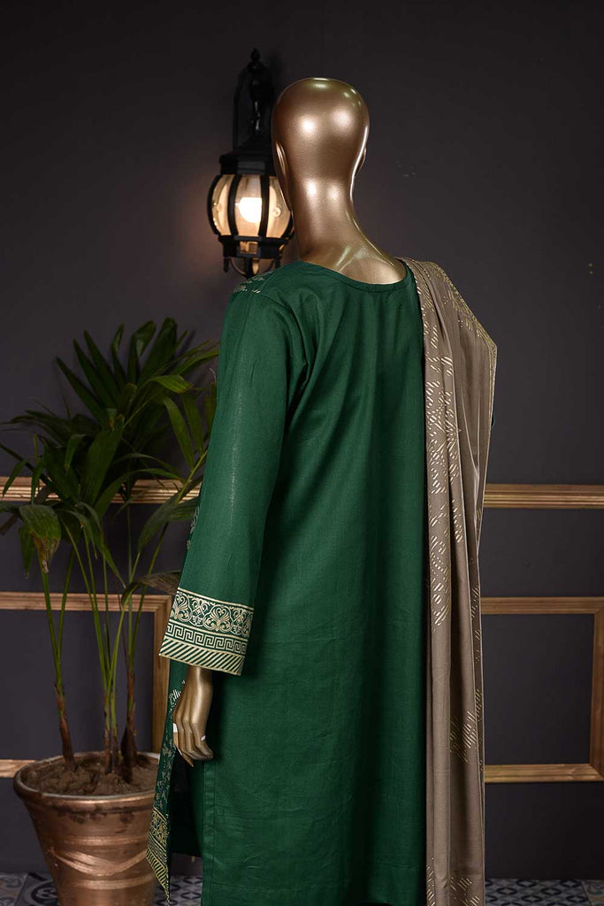 Pure Charisma (CC-1H) 3 Pc Green Un-stitched Printed Cambric Dress with Fawn Dupatta