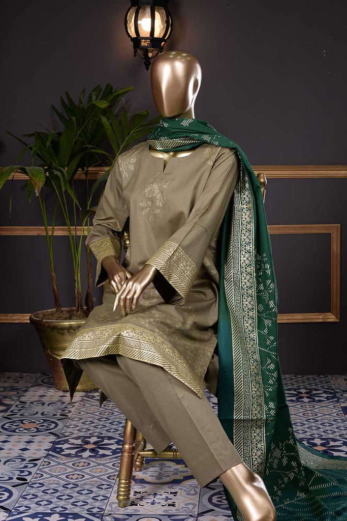 Pure Charisma (CC-1i) | 3 Pc Fawn Un-stitched Printed Cambric Dress with Green Dupatta