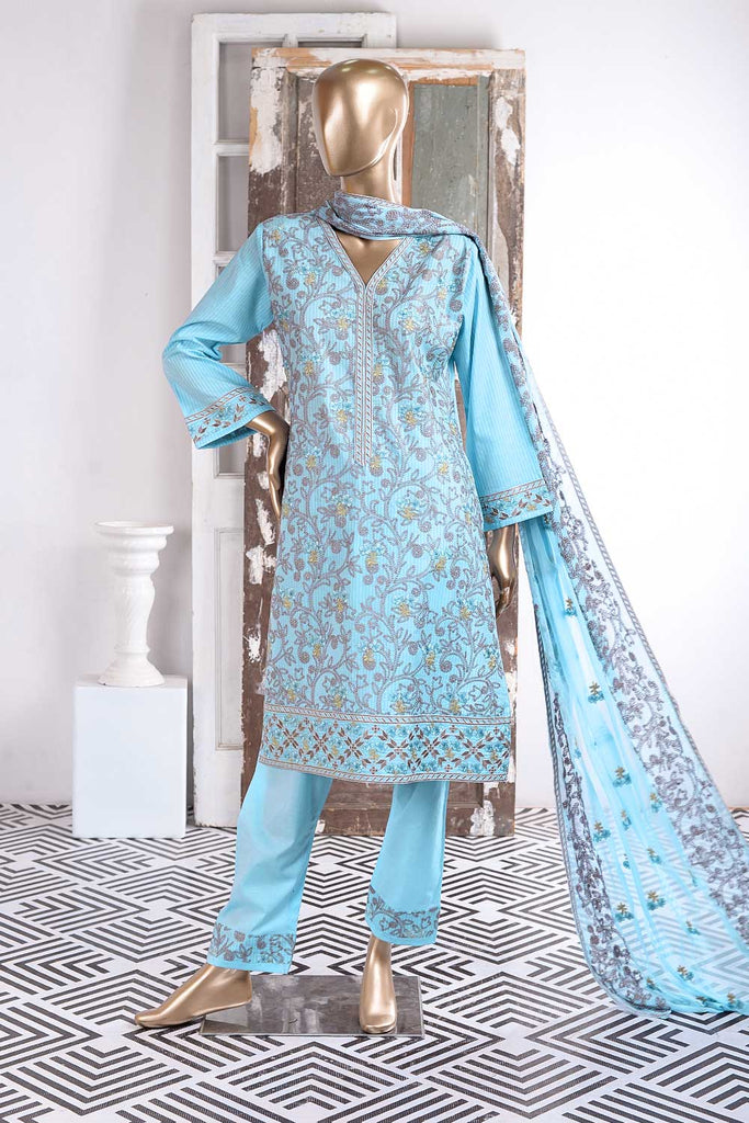 Icebeauty (SC-26C-Sky Blue) Embroidered Un-Stitched Cambric Dress With Embroidered Chiffon Dupatta