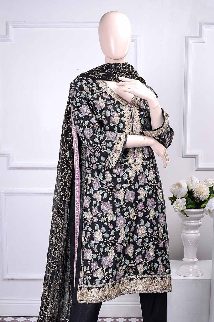 Sona Chandi (SC-2E-Black) 3 Pcs Embroidered Un-Stitched Cambric Dress With Chiffon Dupatta