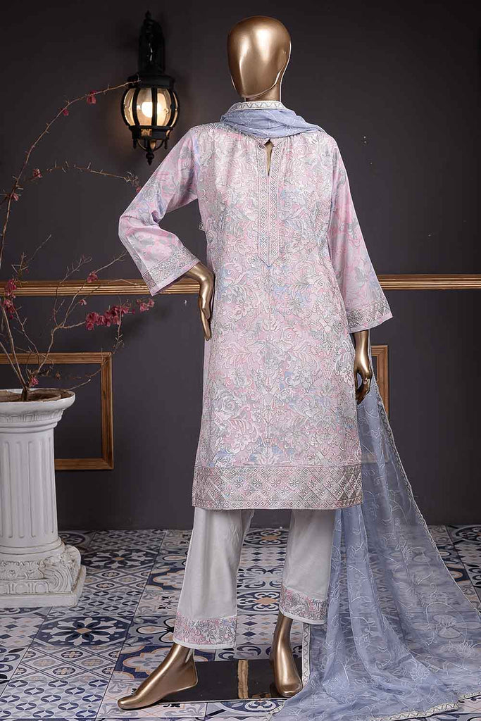 Dragon Fly (SC-70B-White&Pink) Embroidered Cambric Dress with Embroidered Chiffon Dupatta